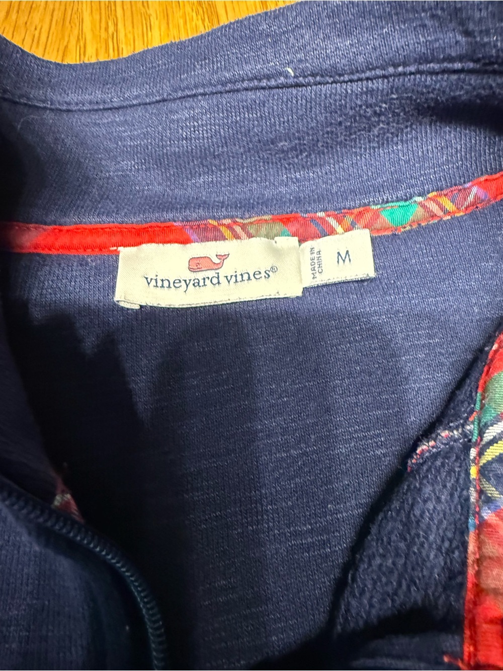Vineyard Vines Navy Quarter-Zip with Red Plaid Shoulder - Picture 6 of 7